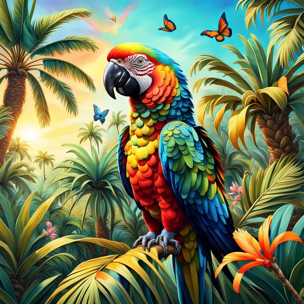 Caribbean Botanic Garden with Parrot in Oil Painting Style