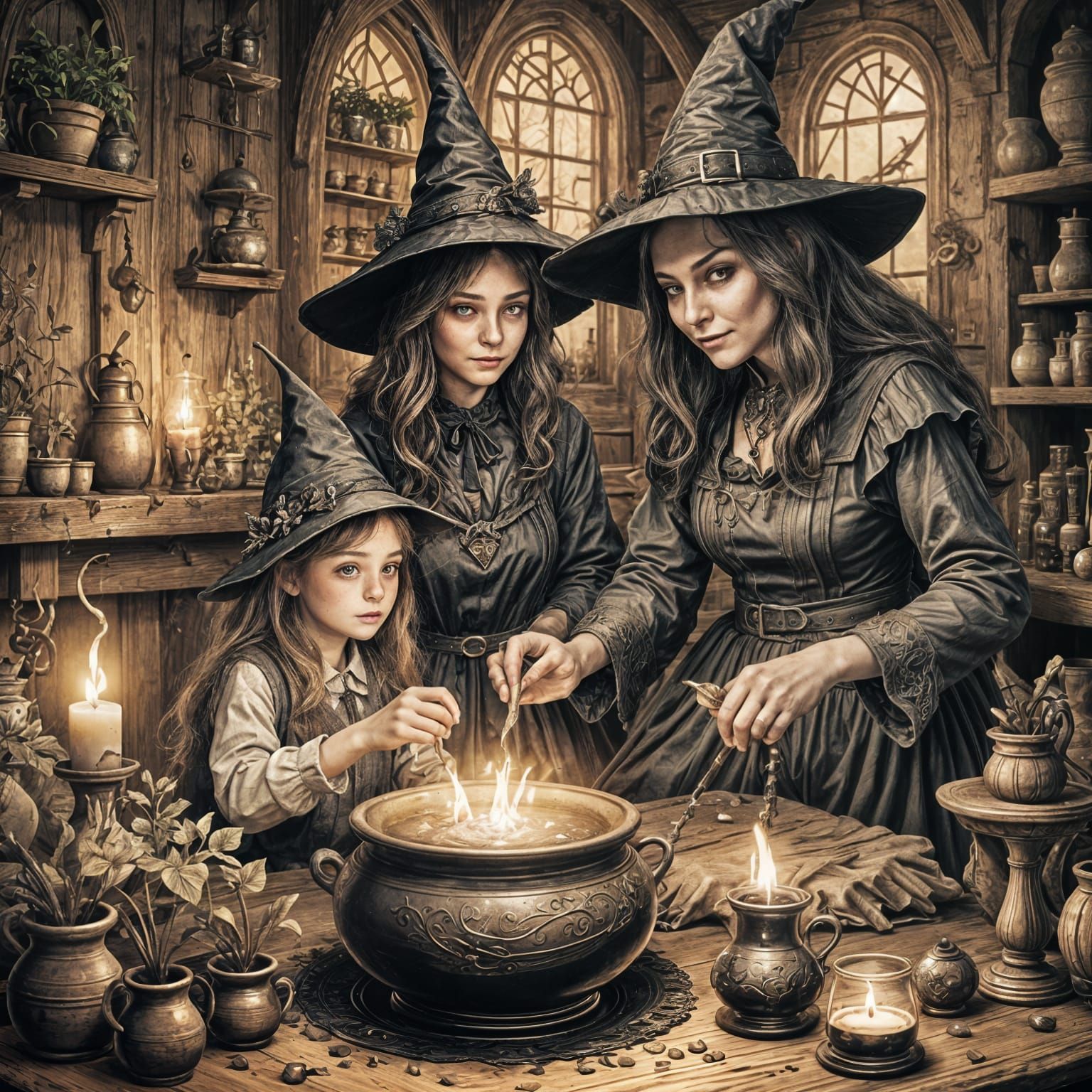 Witch and Apprentice Brew Potion: A Cute Masterpiece