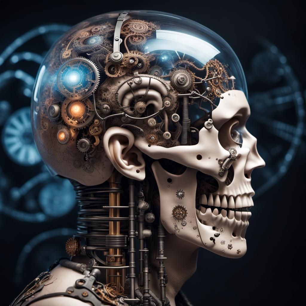 Steampunk Cyberpunk Brain in Transparent Skull