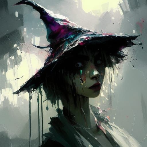 Witch Hat Portrait in Textured Horror Style
