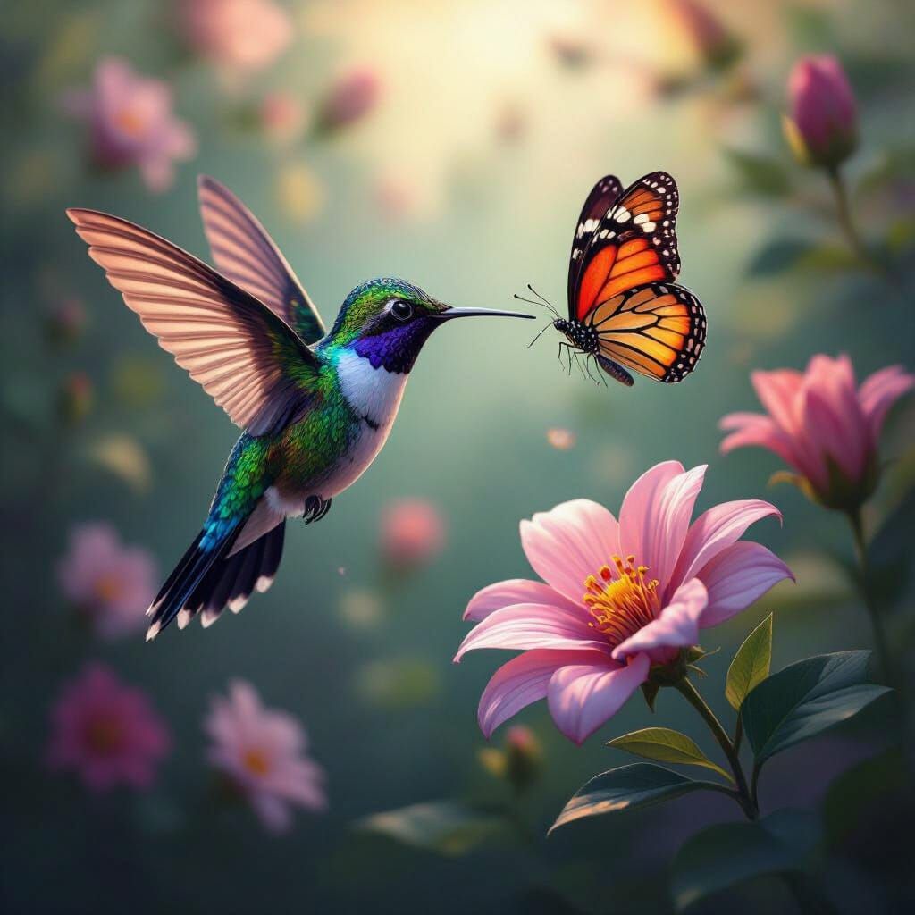 Vibrant Hummingbird and Butterfly Amidst Blooming Flowers