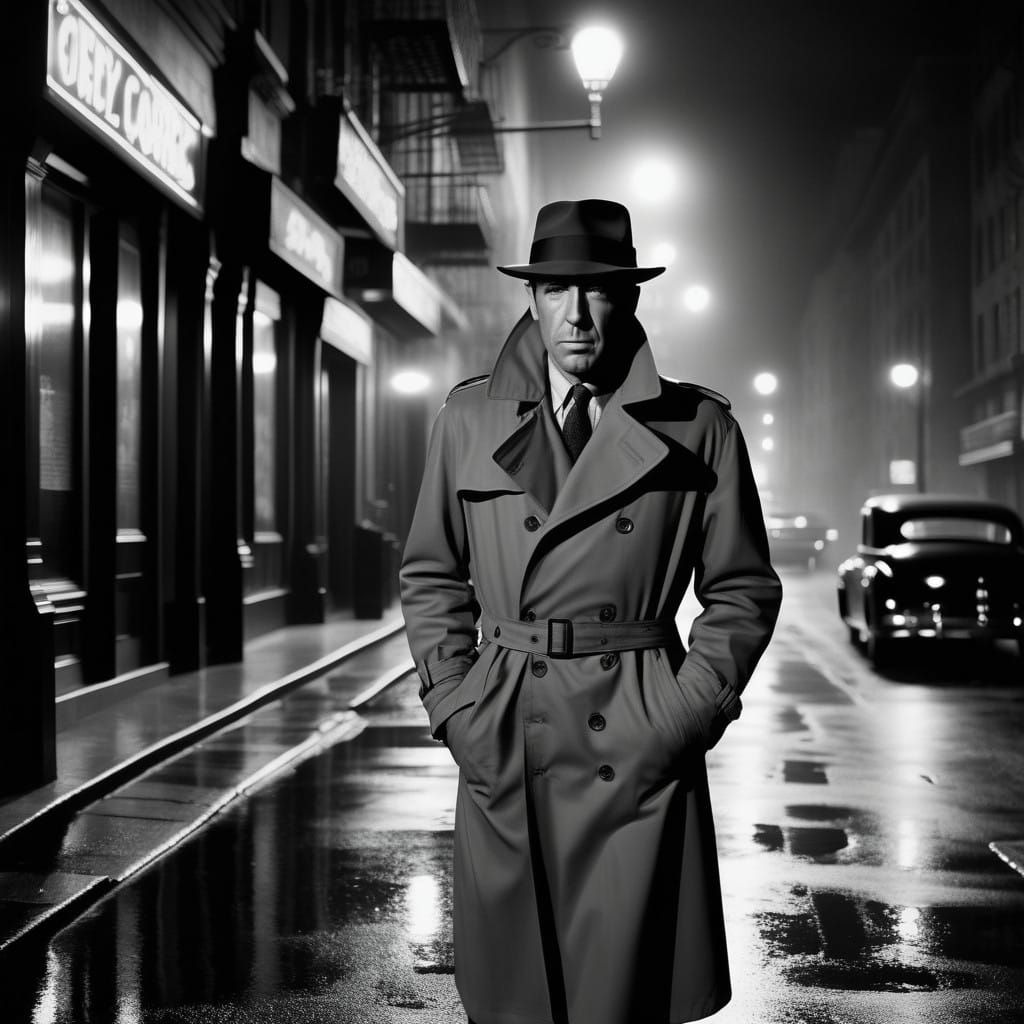 Classic Film Noir Detective in a Gritty Rainy City at Dusk