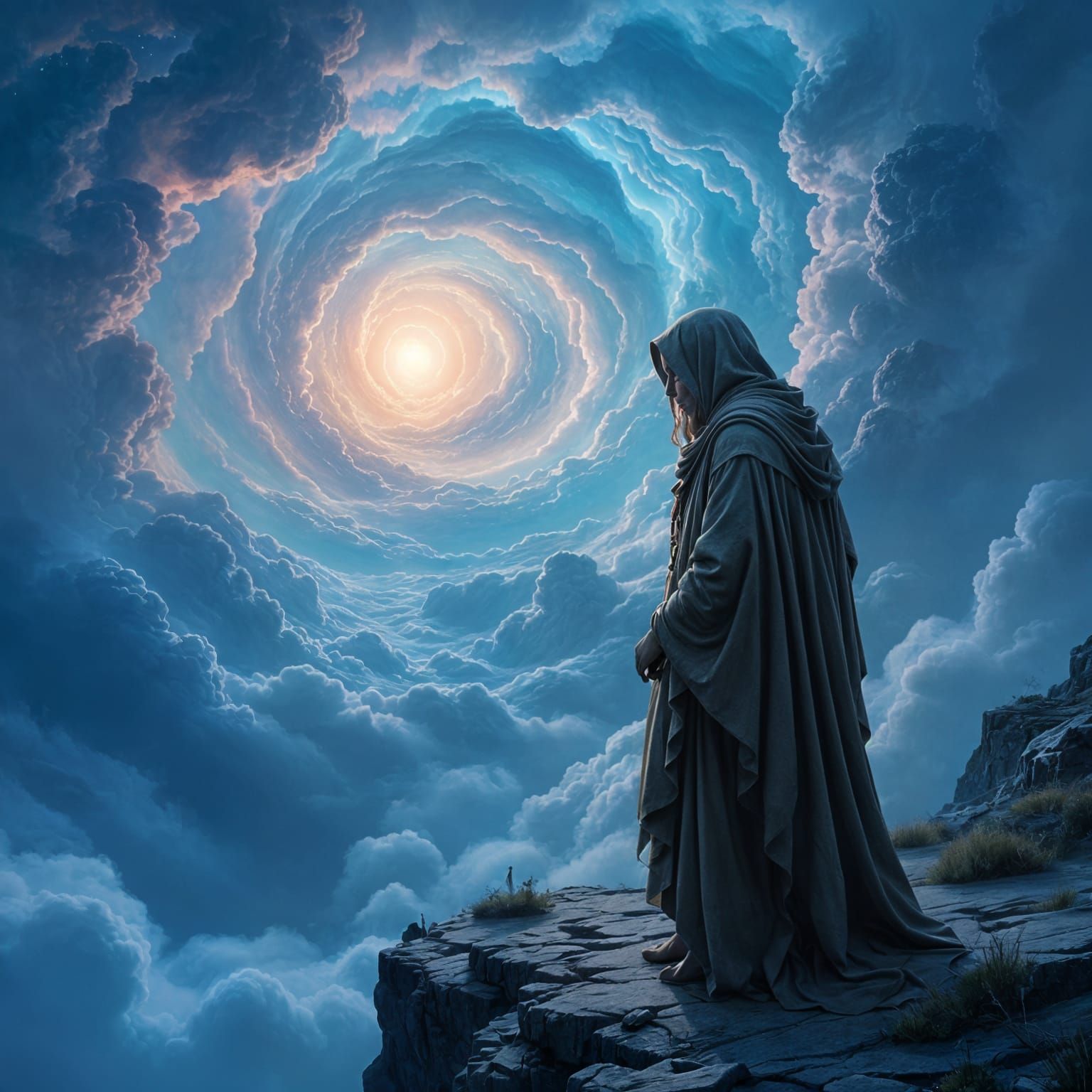 Contemplative Figure Overlooking Iridescent Clouds