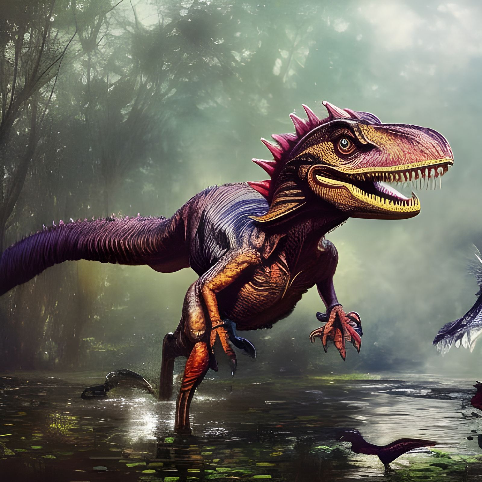 Realistic Velociraptor Drinks in Pond