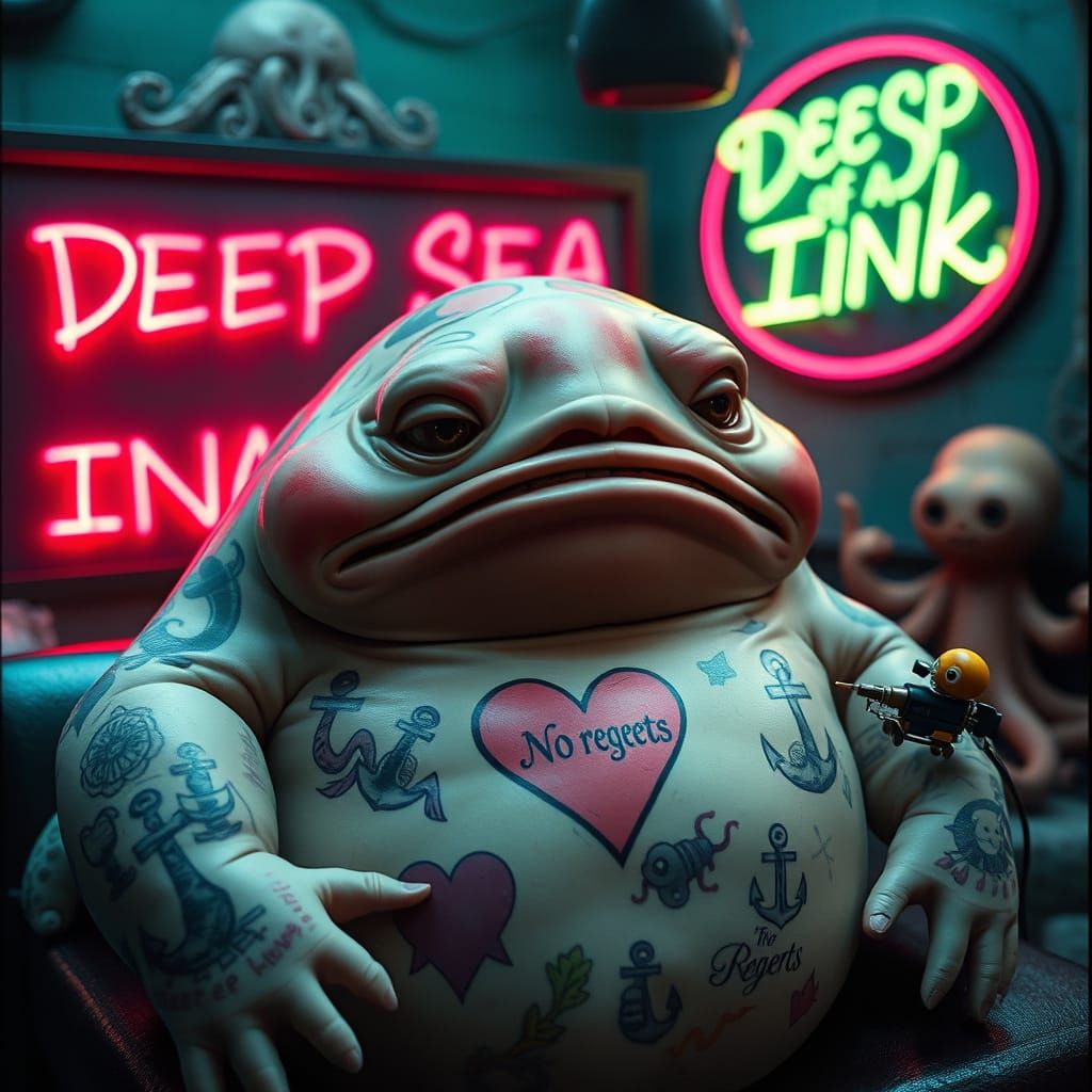 Grumpy Tattooed Blobfish in a Deep Sea Tattoo Parlor