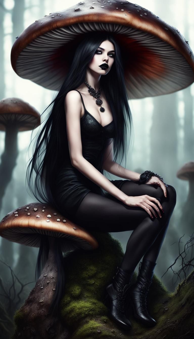 Ethereal Girl with Black Lipstick on Mushroom