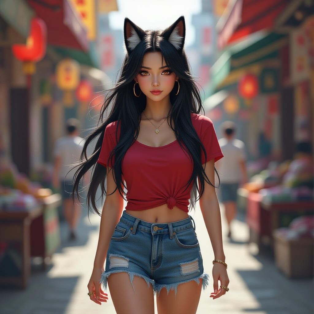 Kitsune in Market, Hyperrealistic Style with Dramatic Lighti...