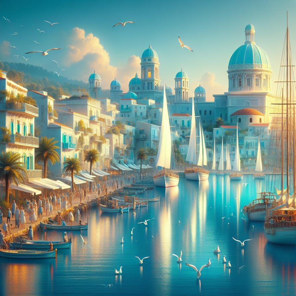 lively Mediterranean coastal scene with tall masted white sa...