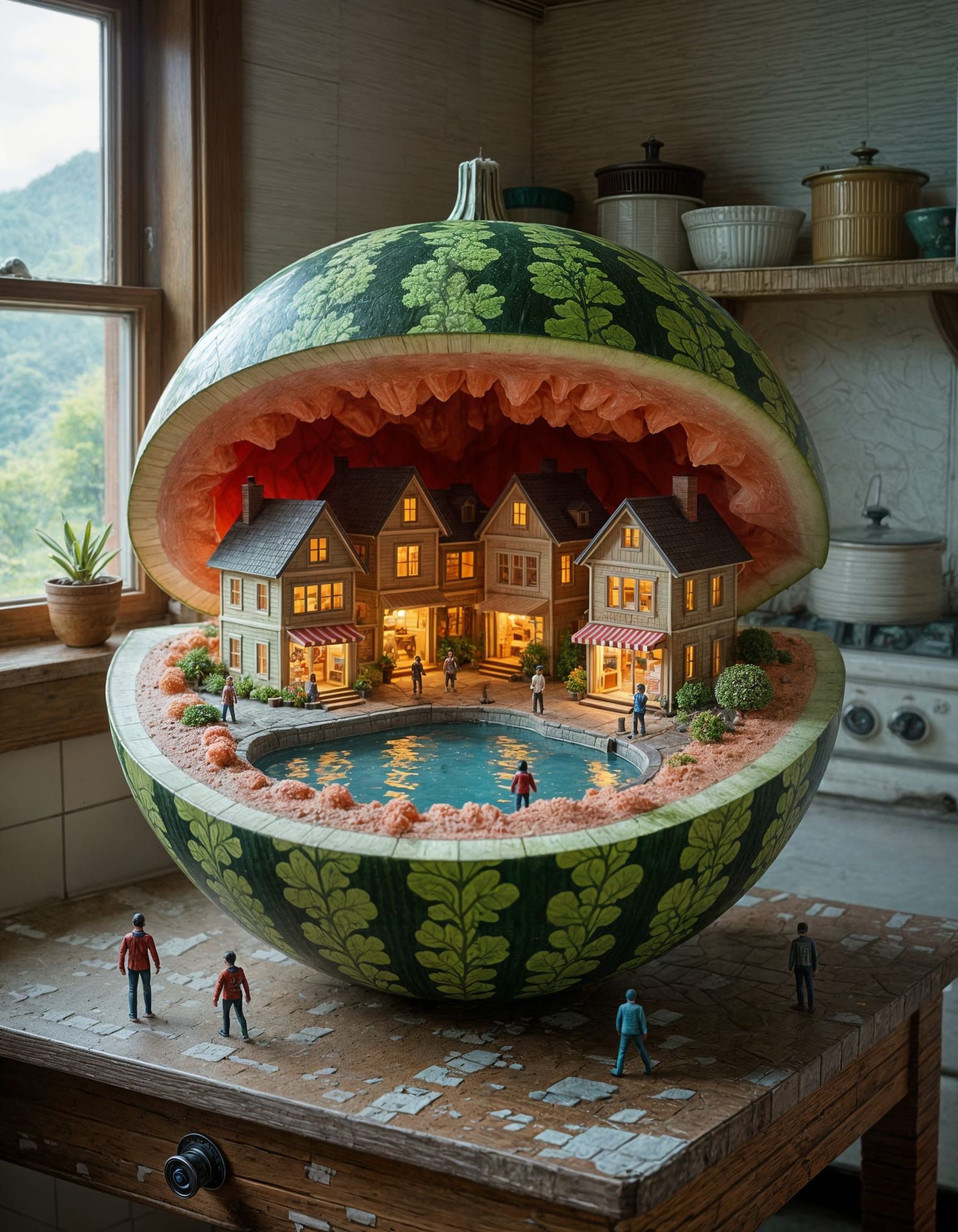 Miniature Futuristic Village Inside a Watermelon Shell