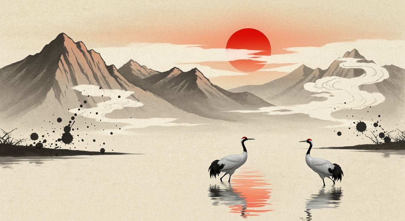 Cranes in Lakeside Ink Painting with Red Sun