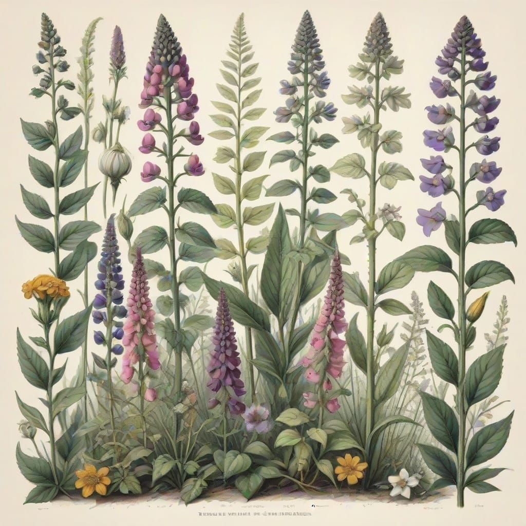 Wolfsbane, Foxglove, 
Witch’s herbs, 
poisonous plants,
botanical,
botanical illustration,
watercolour, pastel