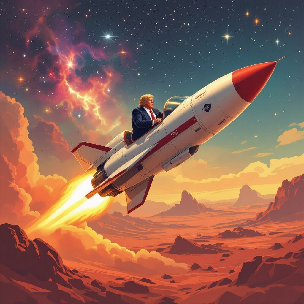 Trump Piloting Retro Rocket to Mars in Epic Space Adventure