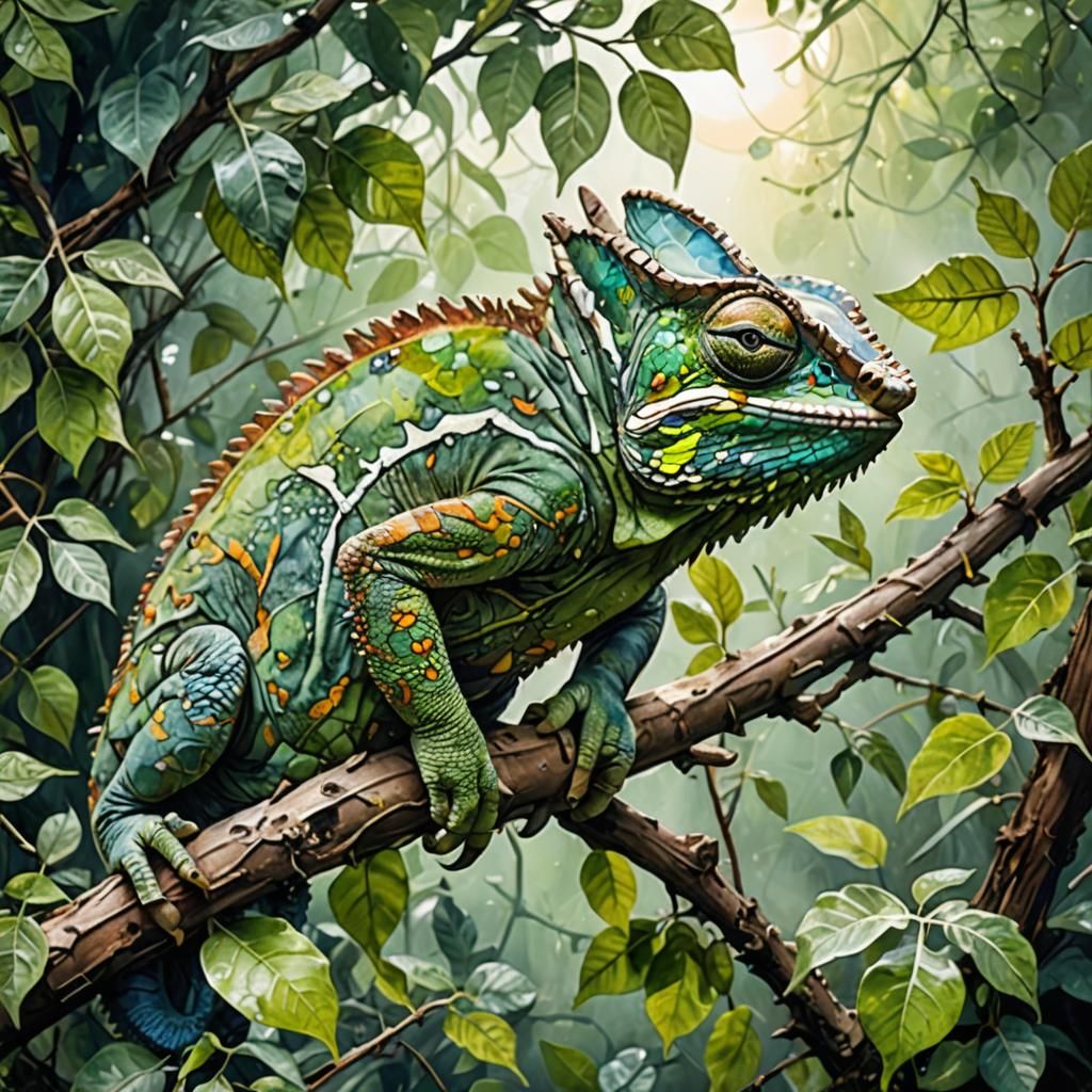 Camouflaged Chameleon Shimmers in Expressionist Sunlight