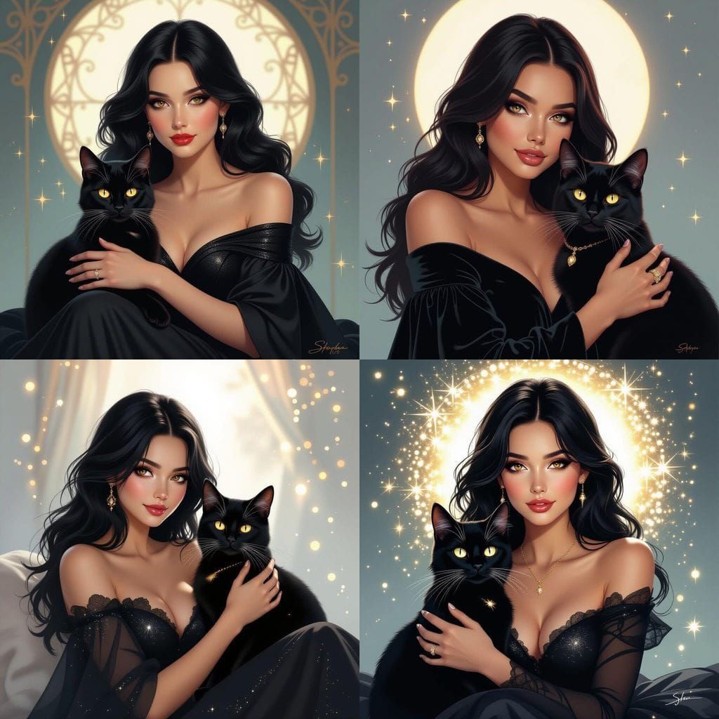 Lady with Black Cat in a Magical, Twinkling Scene