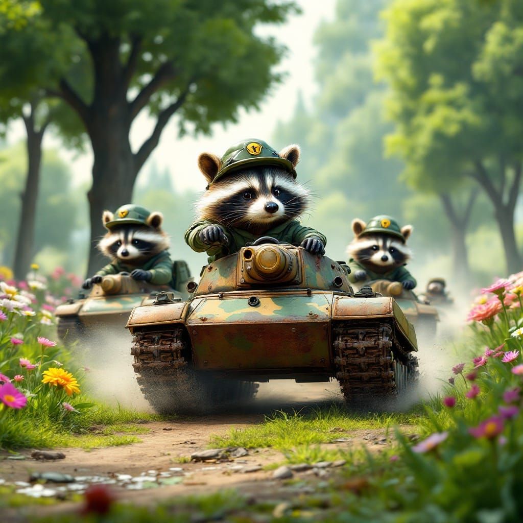 Whimsical Raccoon Warriors in Miniature Tanks Speed Across a...