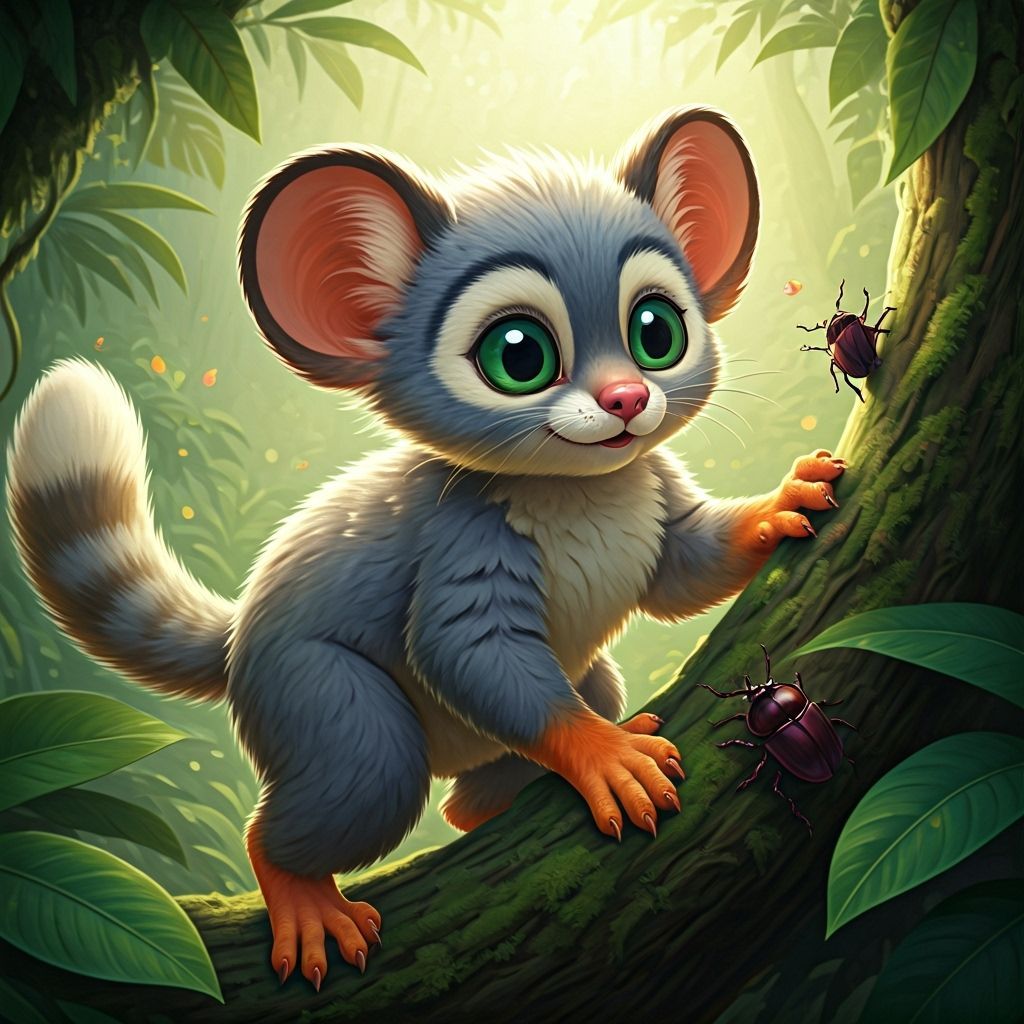 Whimsical Bush Baby Climbing Rainforest Canopy
