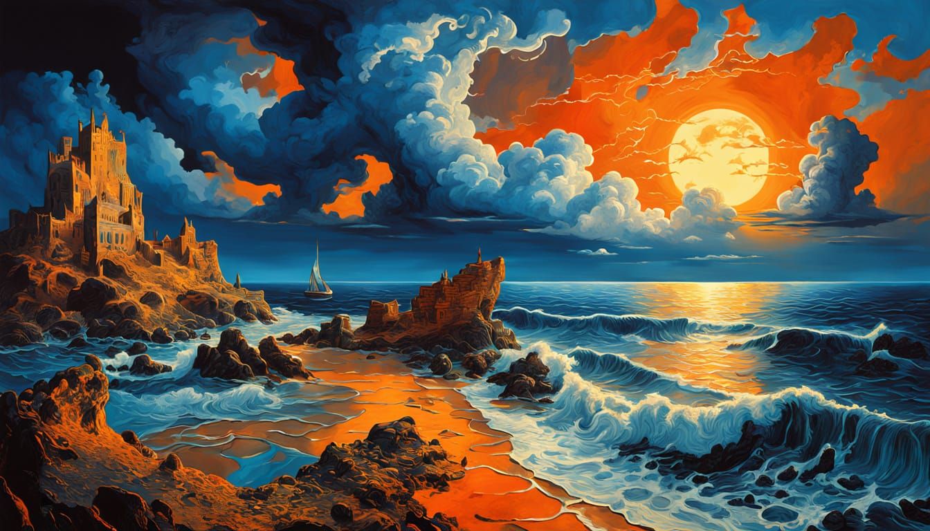 Surreal Seascape with Mythical Creature and Molten Clouds