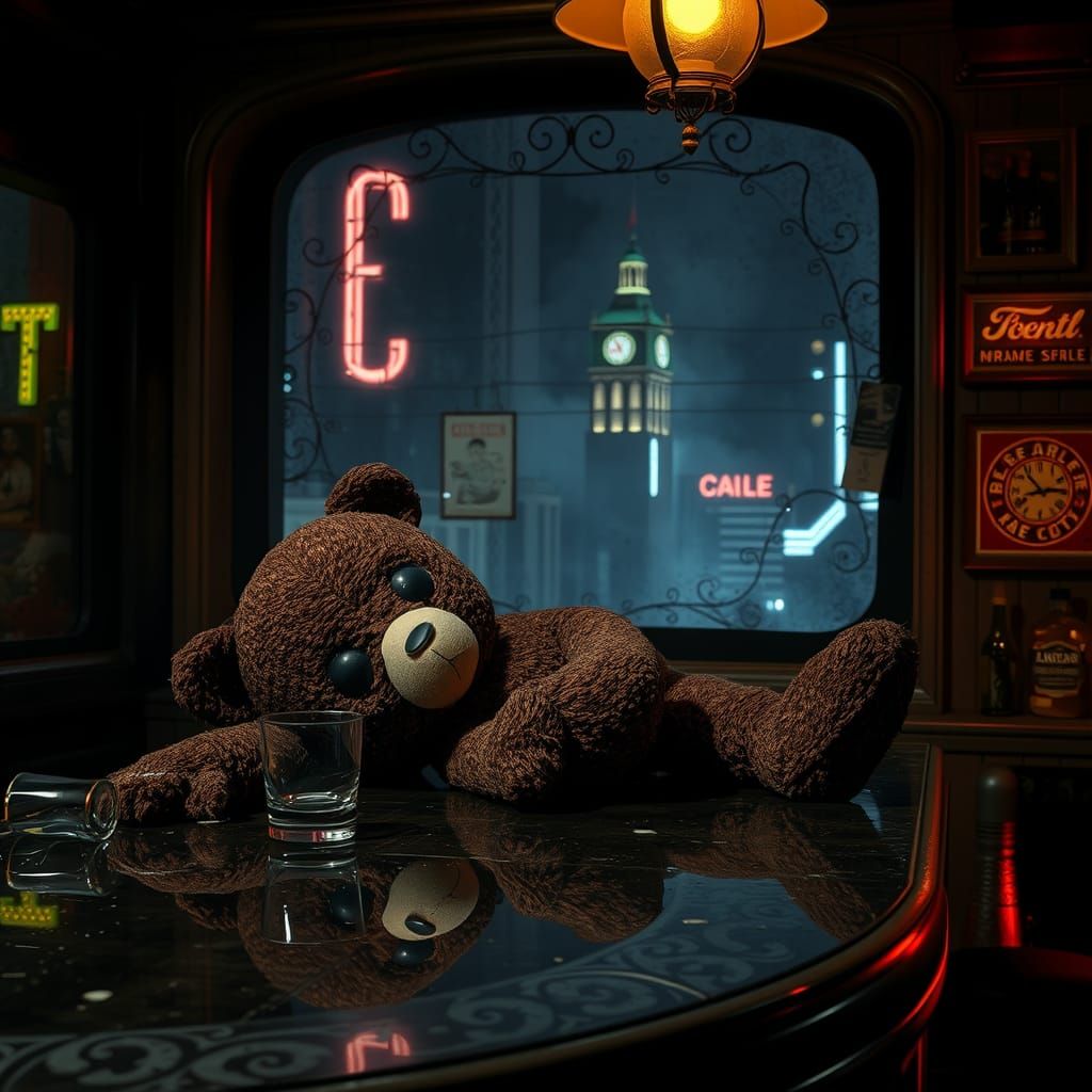 Vintage Animatronic Teddy Bear in Dark Cityscape
