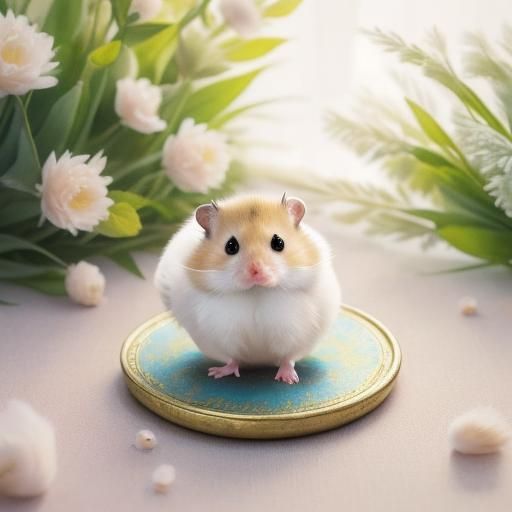 Eine (kleine, süße, flauschige Hamsterente) mit (weich gefiedertem, gelbem Gefieder) und (runden, neugierigen Augen). Si...