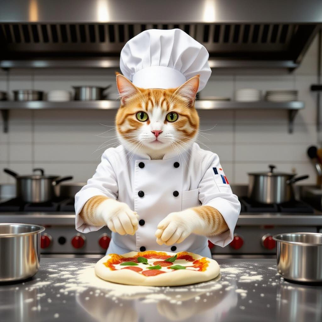 Cat Chef Tossing Pizza Dough: Beatrix Potter Style
