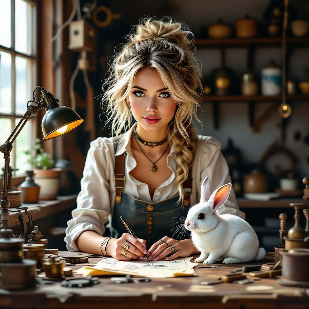 Steampunk Inventor in Workshop, Romantic Style