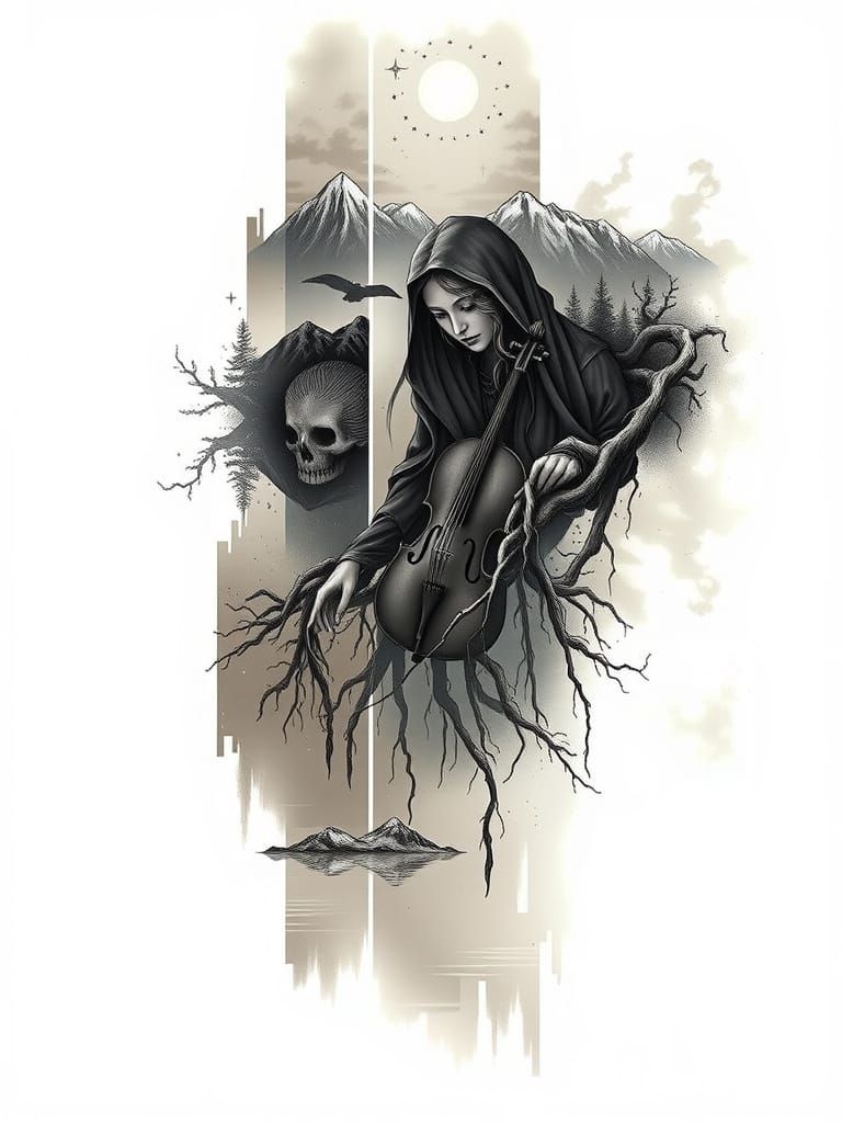 Majestic Mountains Meet Celestial Sky in Sacred Tattoo Desig...