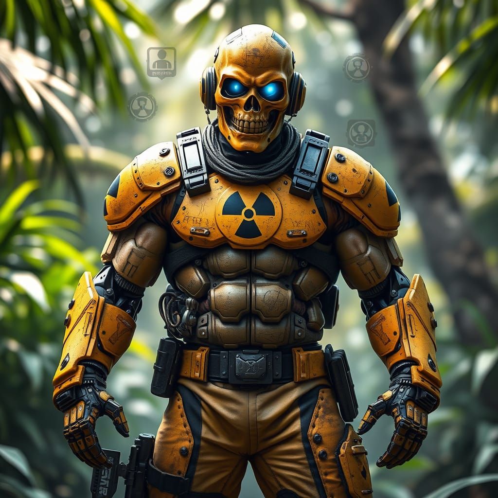 Cyborg Warrior in Yellow Armor with Skull Mask