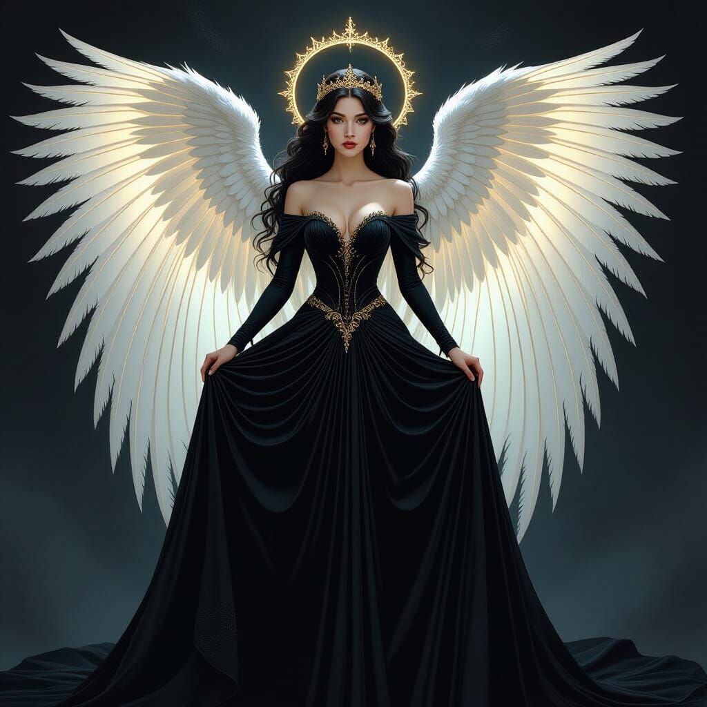 Ethereal Angel with Feathered Wings in Art Nouveau Style