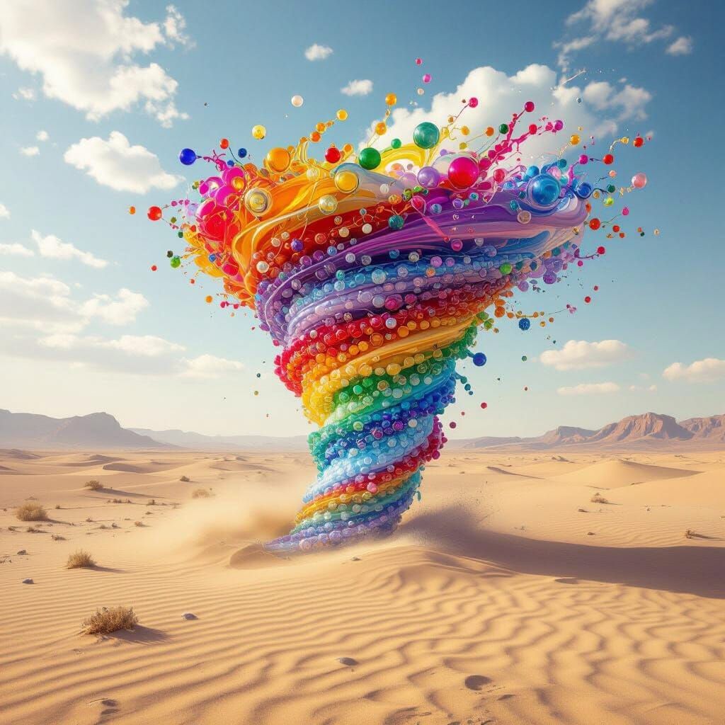Beaded Tornado Sweeping Desert, Dreamlike Digital Art