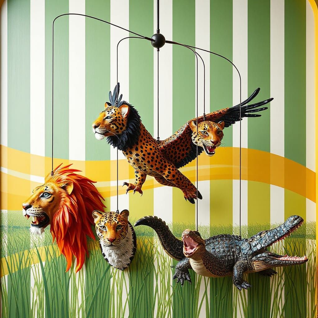 Kinetic Mobile Sculpture with Jewel-Encrusted Animal Faces