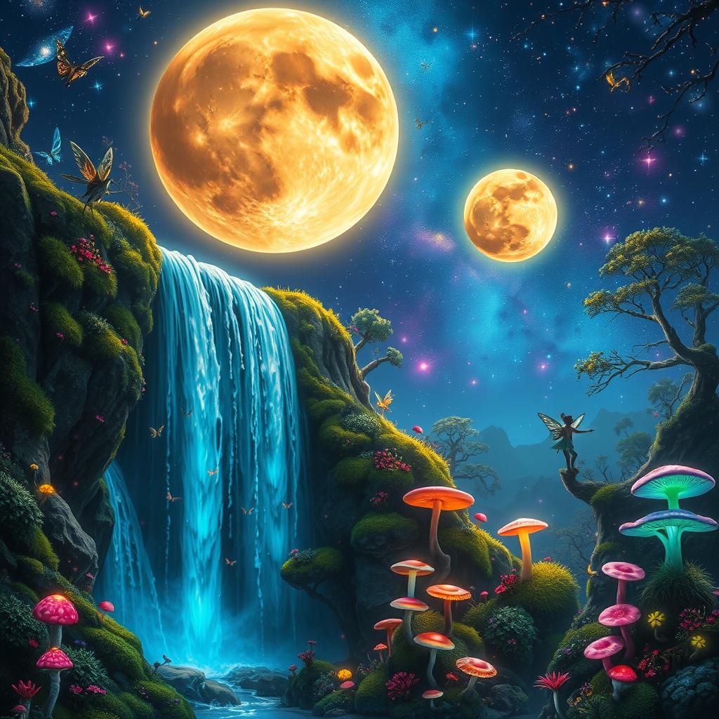 Luminescent Moons Pouring Light into Waterfall