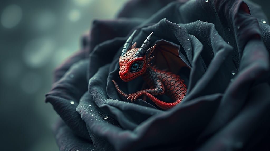 Whimsical Dragon Emerges from Enchanted Black Rose
