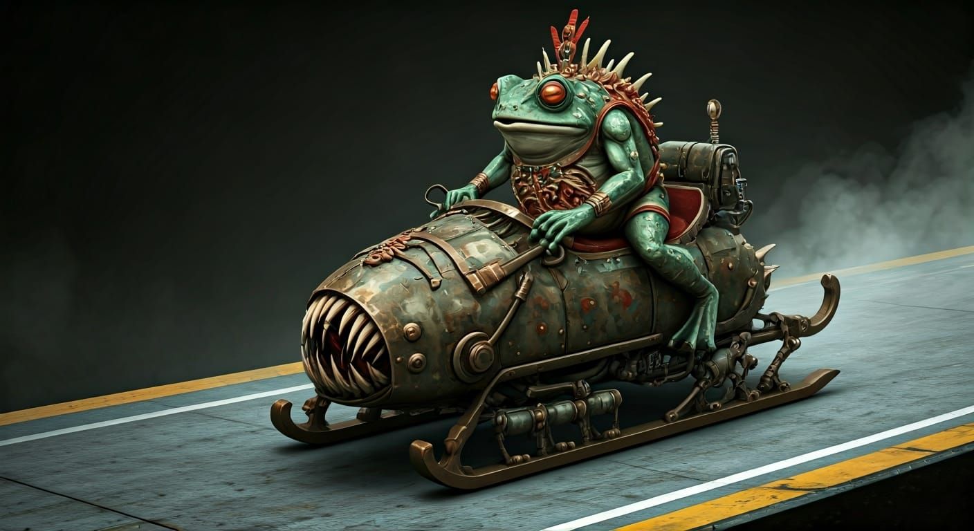 Frog-Man Rides Biomechanical Sled in Dark Sci-Fi Style