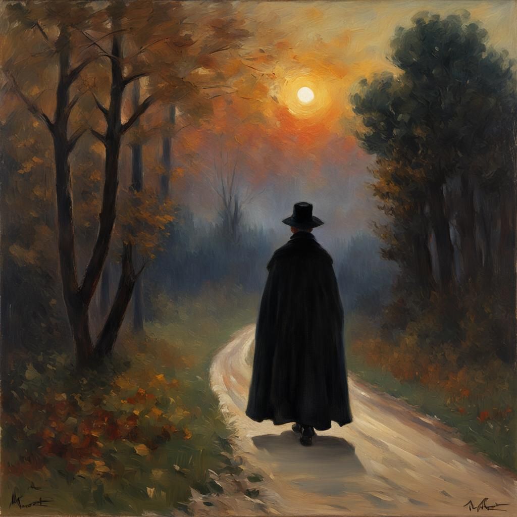 Melancholic Twilight Wanderer in Autumn Forest