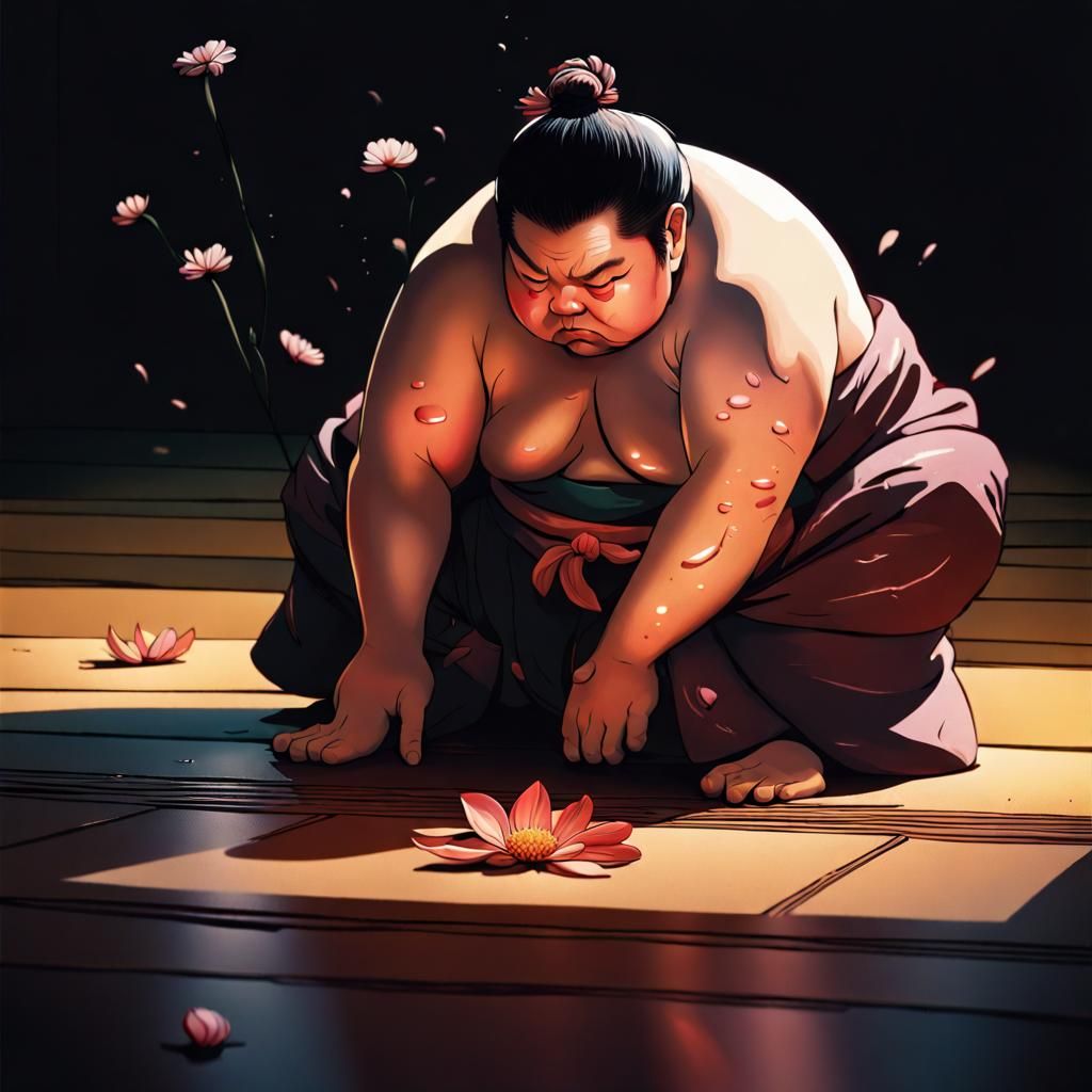 Tearful Sumo Watches a Flower Bloom: Hyperrealistic Splash A...