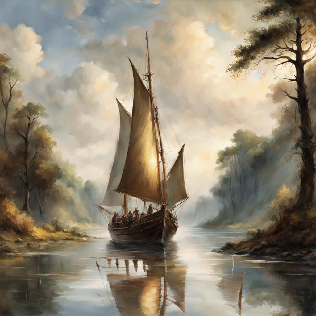 Keelboat on River: Digital Painting in Turner Style
