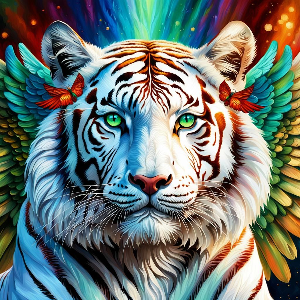 Majestic White Tiger King Embracing an Angel in a Vibrant Oi...