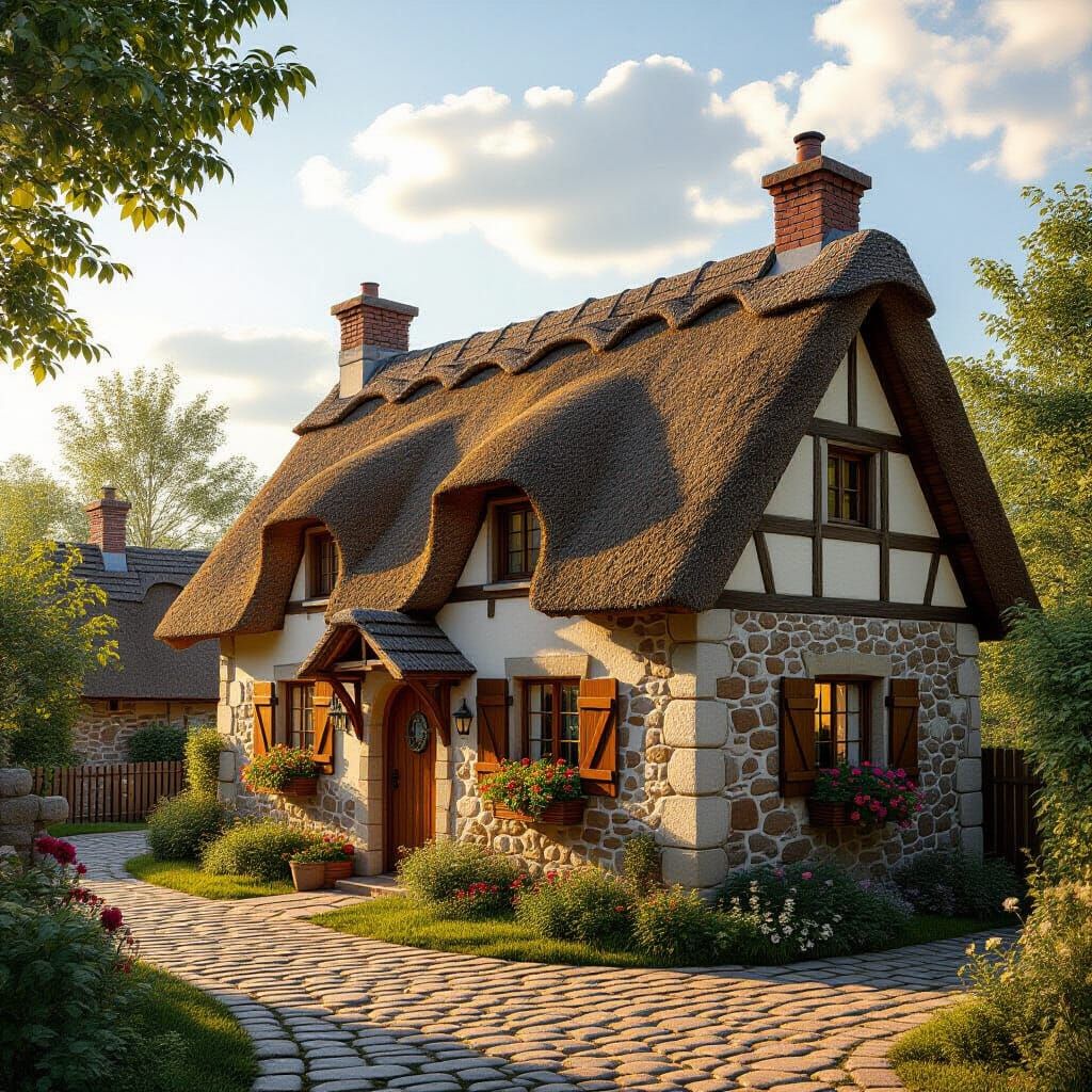 Charming Village House in Golden Afternoon Light