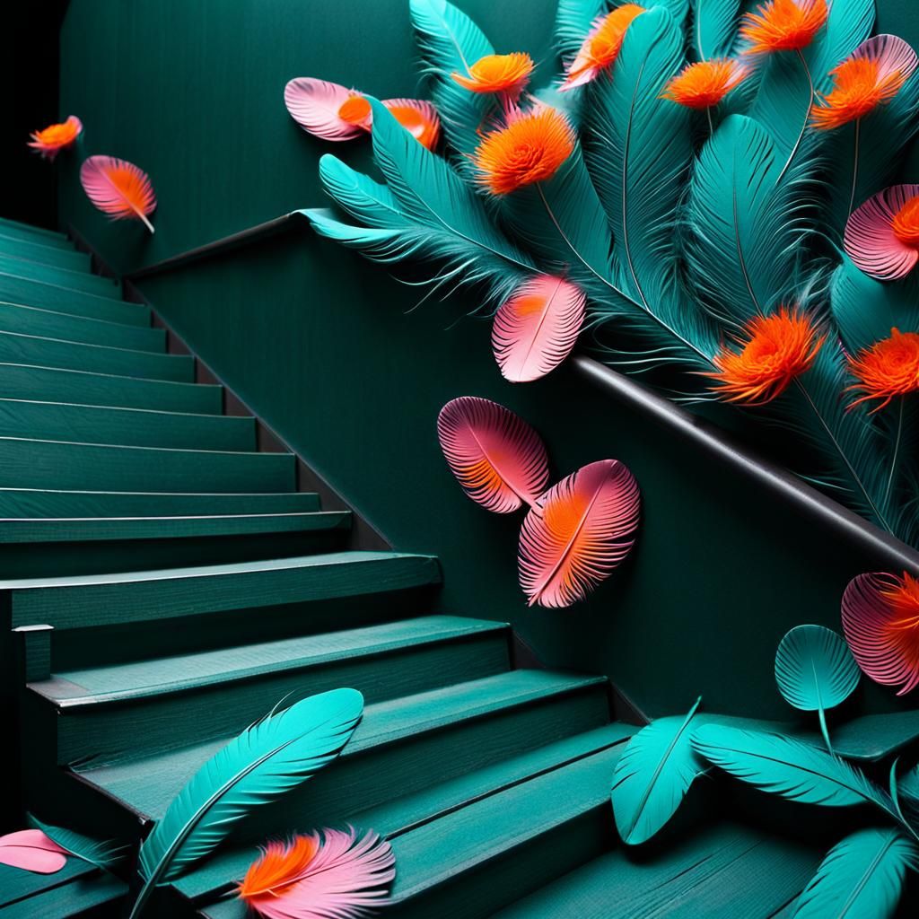 Feathers and Staircase in Analog Horror Style