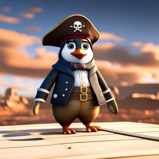 Pirate Penguin on Sailing Ship, Detailed Digital Art