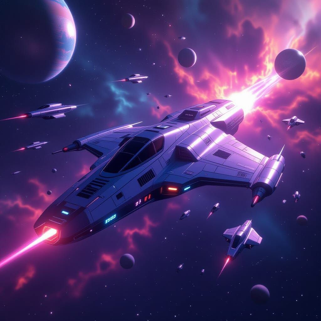 Sleek Metallic Spaceship in Vibrant Nebula Galaxy