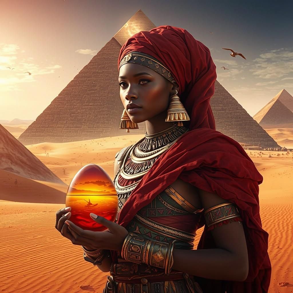 African Woman With Amber Egg in Desert Landscape