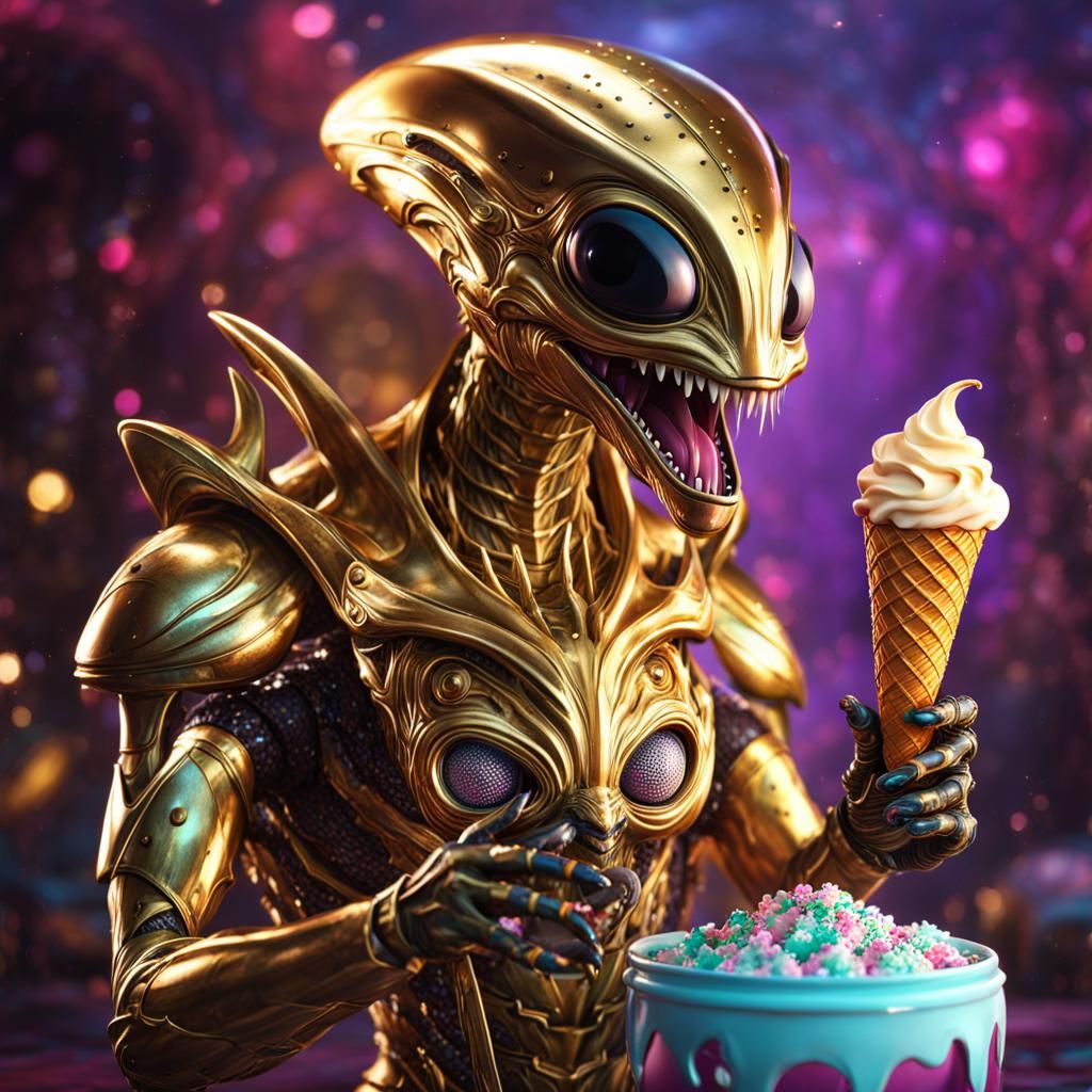 Gold Alien Enjoying Ice Cream: Digital Art