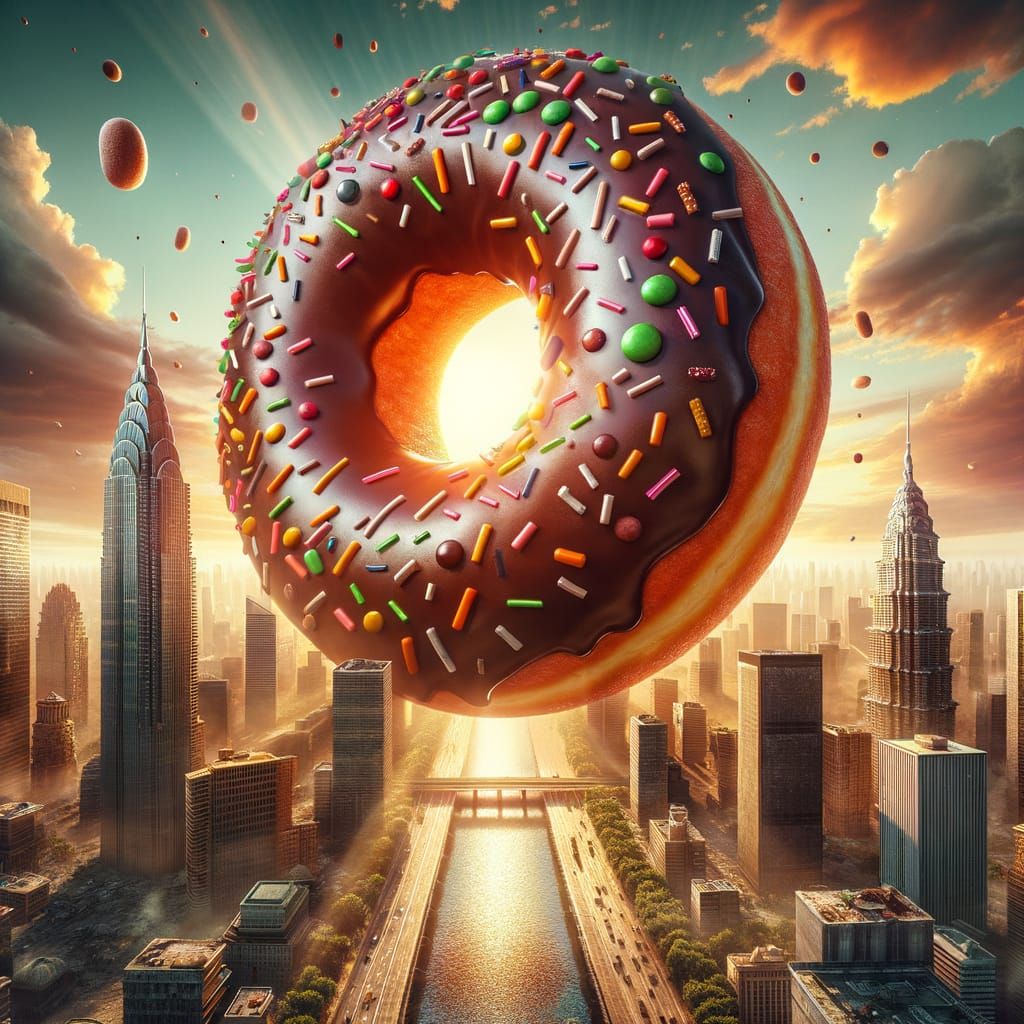 Gigantic Donut Towers Over City Skyscrapers in a Vibrant, Hy...