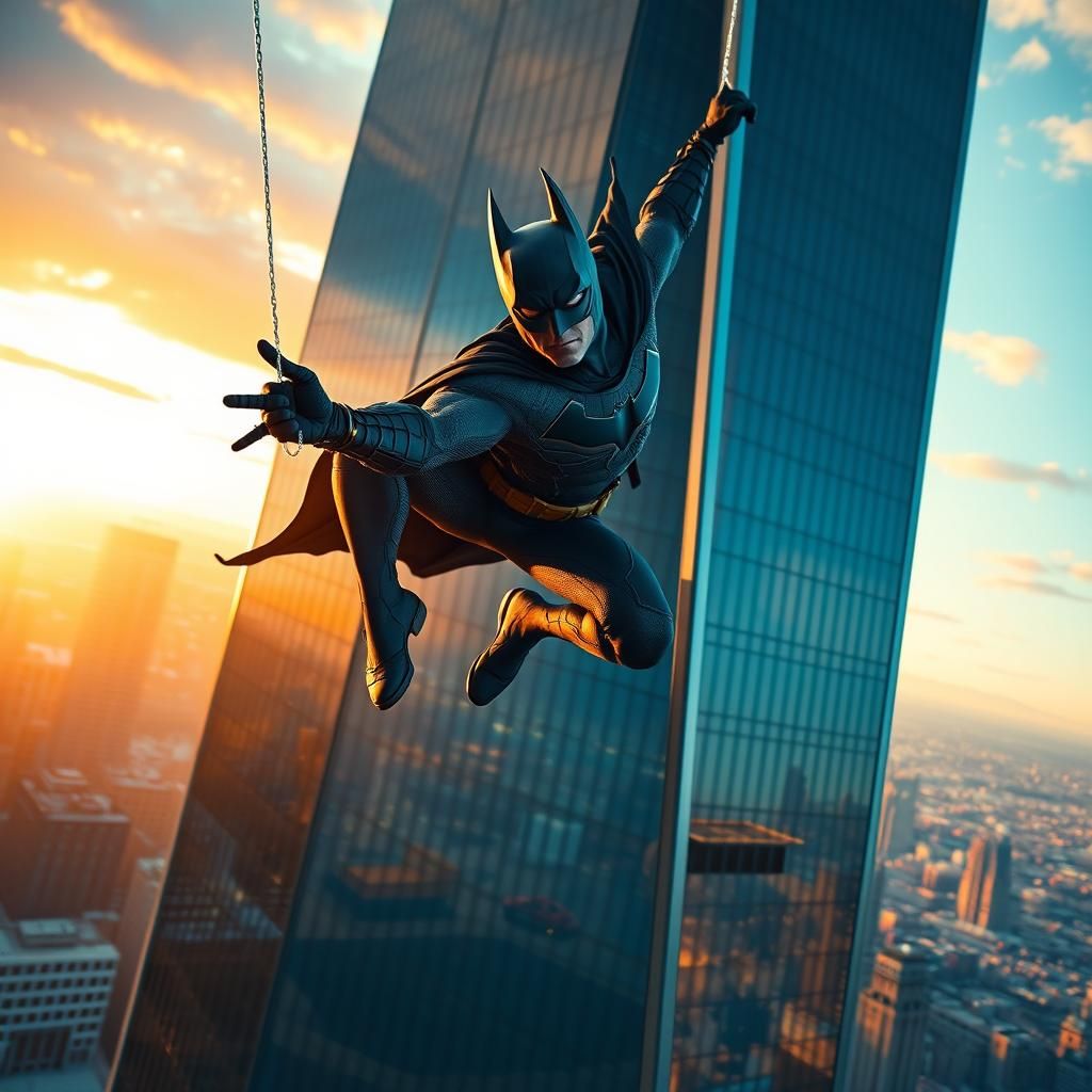 Batman as Spider-Man Scaling Skyscraper at Sunset