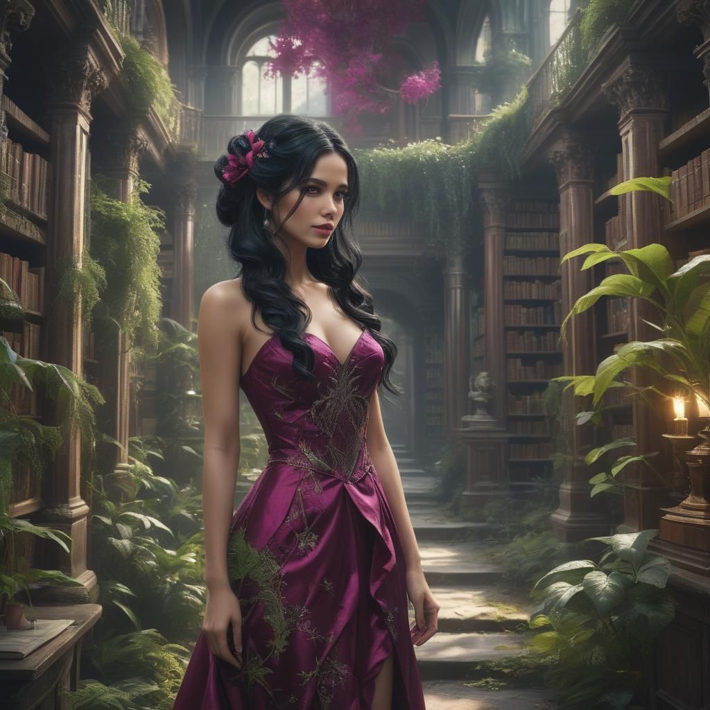 Girl in Magenta Dress in Forgotten Library