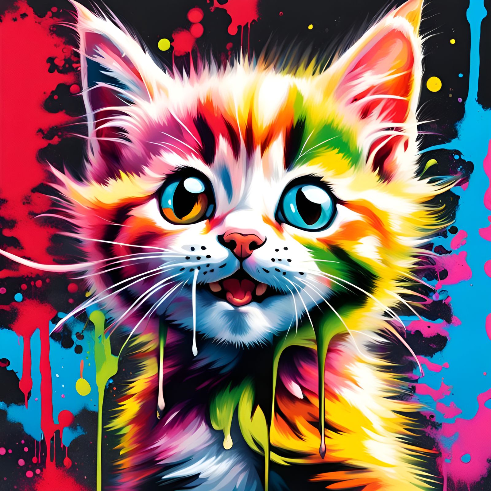 Multicoloured Kitten in Graffiti Splash Art Style