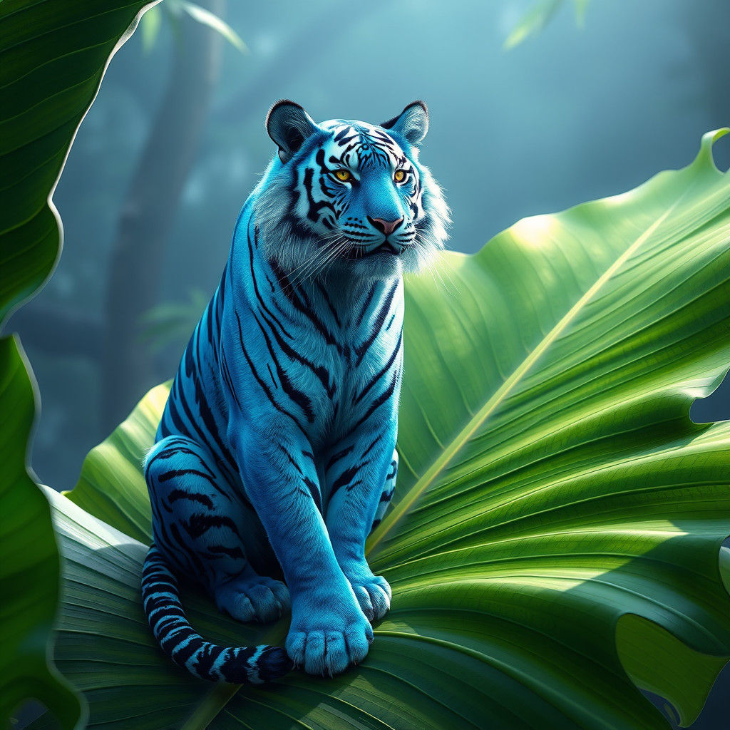 Blue Tiger on Banana Leaf in 3D Anime Style