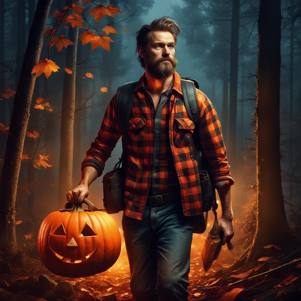 Lumberjack with Jack O'Lantern in Dark Forest