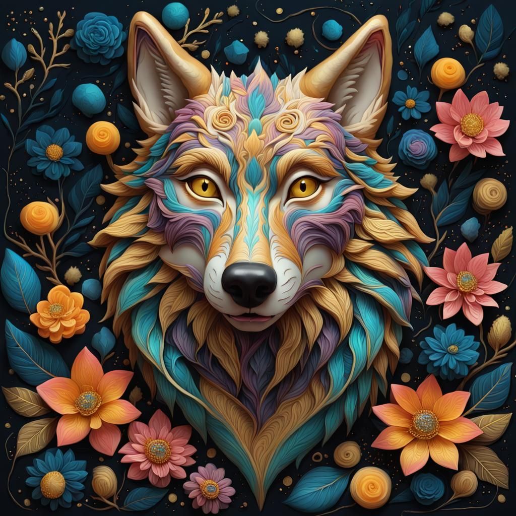Vibrant Gouache 3D Marzipan Wolf Portrait
